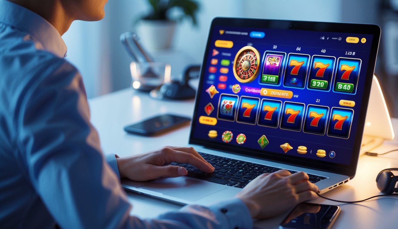 Seorang pria menggunakan laptop di meja kerja yang rapi dengan tampilan permainan kasino online di layar.