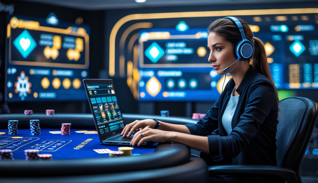 Seorang wanita profesional sedang bermain poker online di meja dengan layar digital aktif nonstop.
