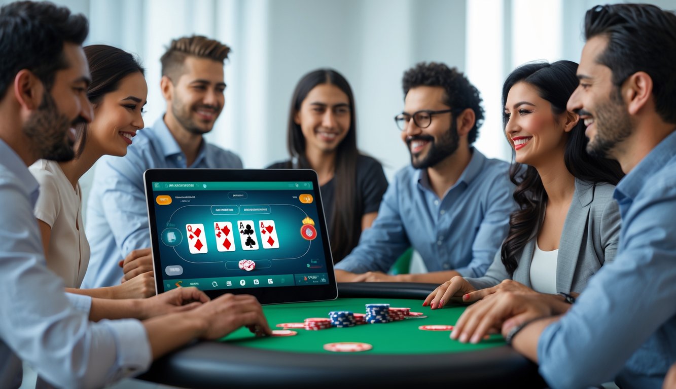 Orang-orang bermain poker online di meja digital dengan suasana ceria dan percaya pada sistem permainan yang adil.