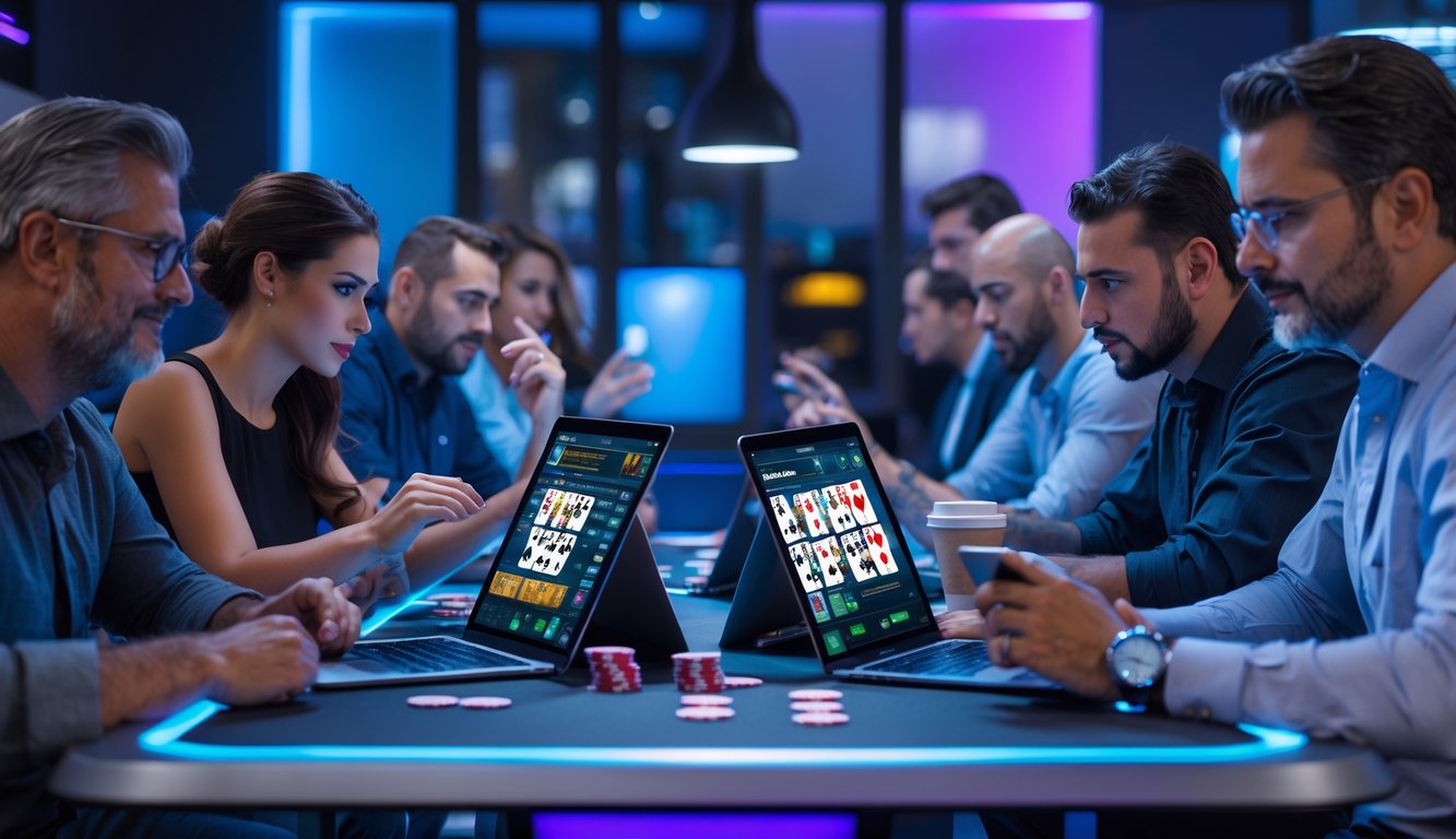 Sekelompok orang dewasa sedang bermain poker online dengan fokus dan serius di sekitar meja modern dengan perangkat digital.