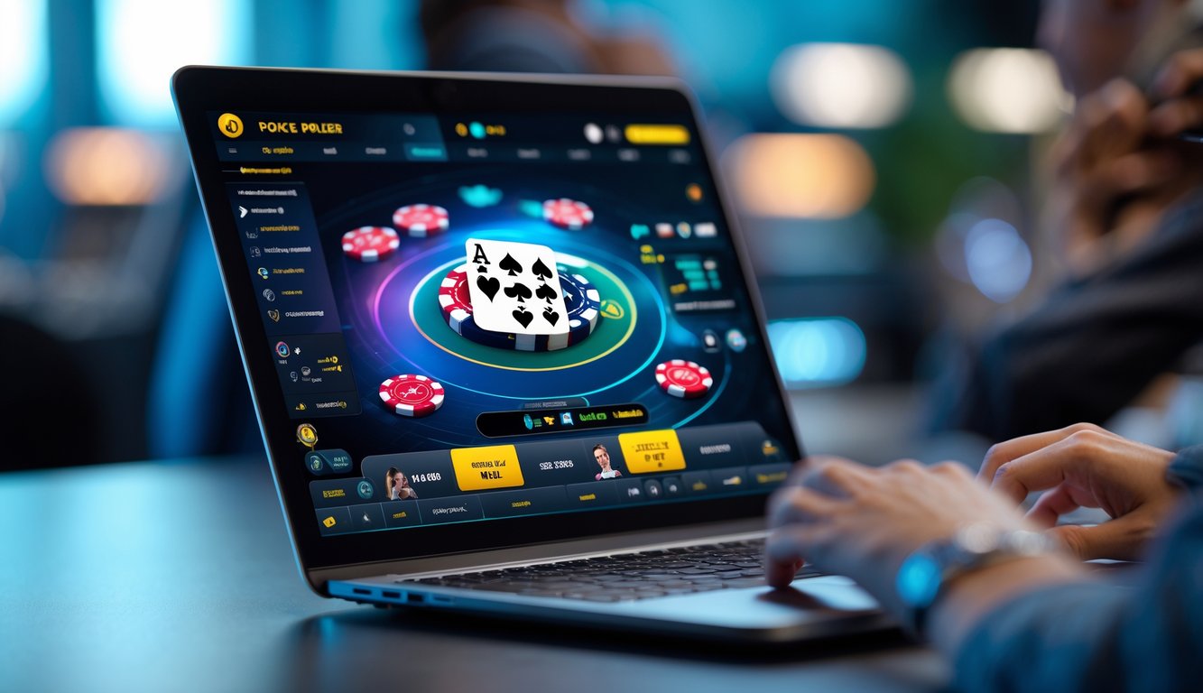 Seorang pemain sedang bermain poker online secara real-time di depan komputer dengan tampilan permainan poker digital yang hidup.