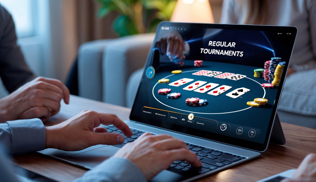 Seseorang bermain poker online di perangkat digital dengan tumpukan chip dan kartu di layar, di ruang yang nyaman dan modern.