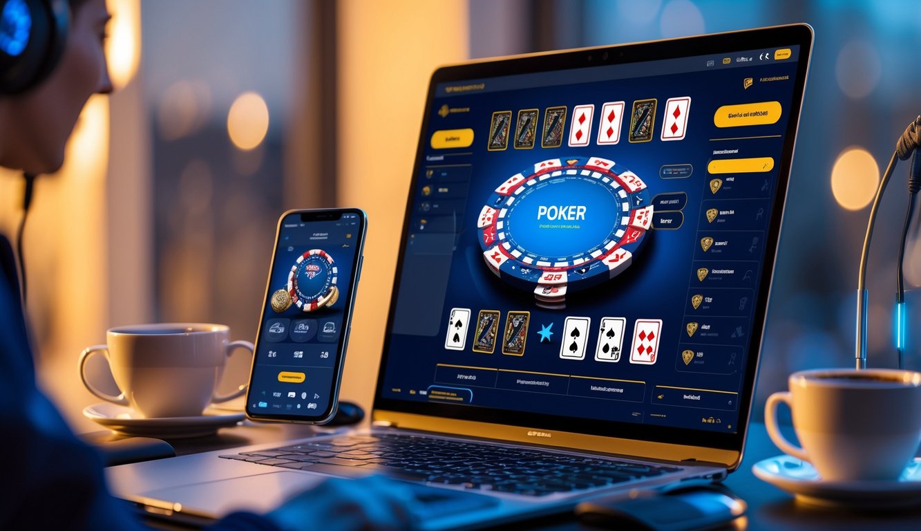 Seorang pemain sedang menggunakan laptop dan smartphone untuk bermain poker online dengan suasana yang nyaman dan profesional.