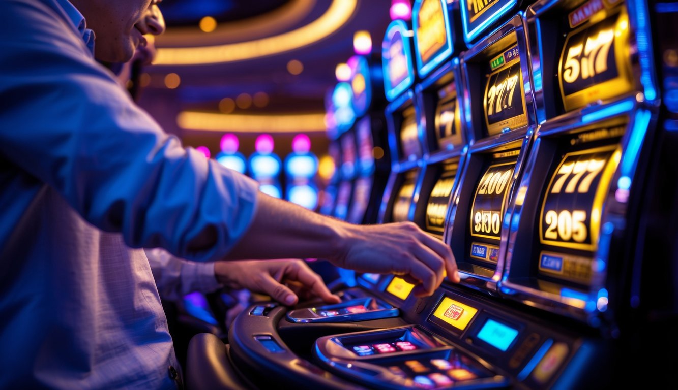 Tangan pemain sedang memutar tuas mesin slot di dalam kasino dengan lampu berwarna-warni dan suasana yang hidup.