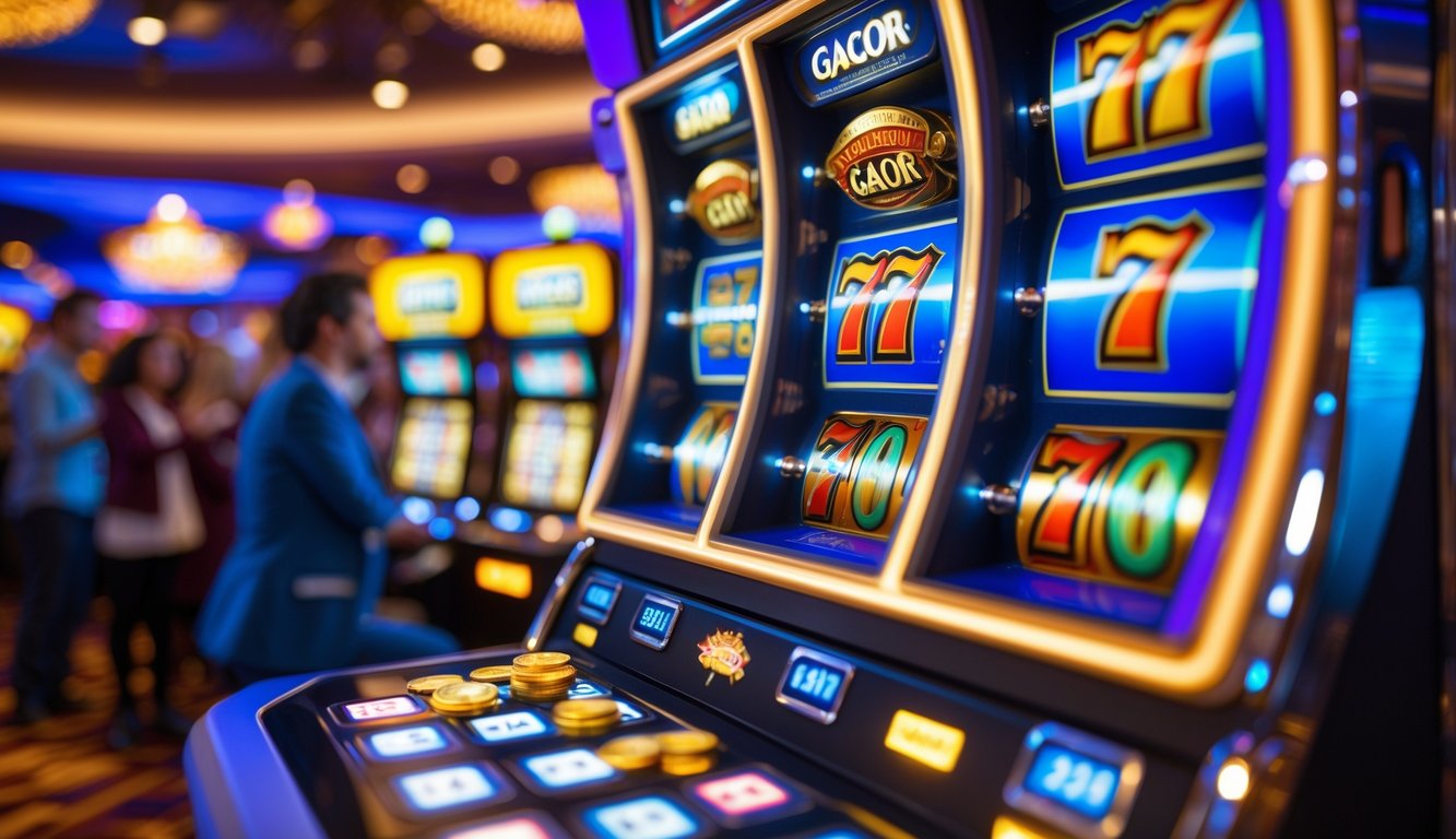 Mesin slot populer dengan pola kemenangan yang cerah dan koin yang keluar, dikelilingi oleh suasana kasino yang ramai.