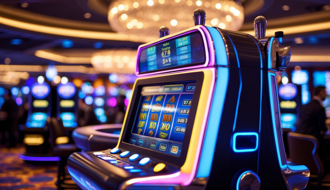Mesin slot modern yang menyala terang di dalam kasino dengan latar belakang suasana kasino yang ramai.