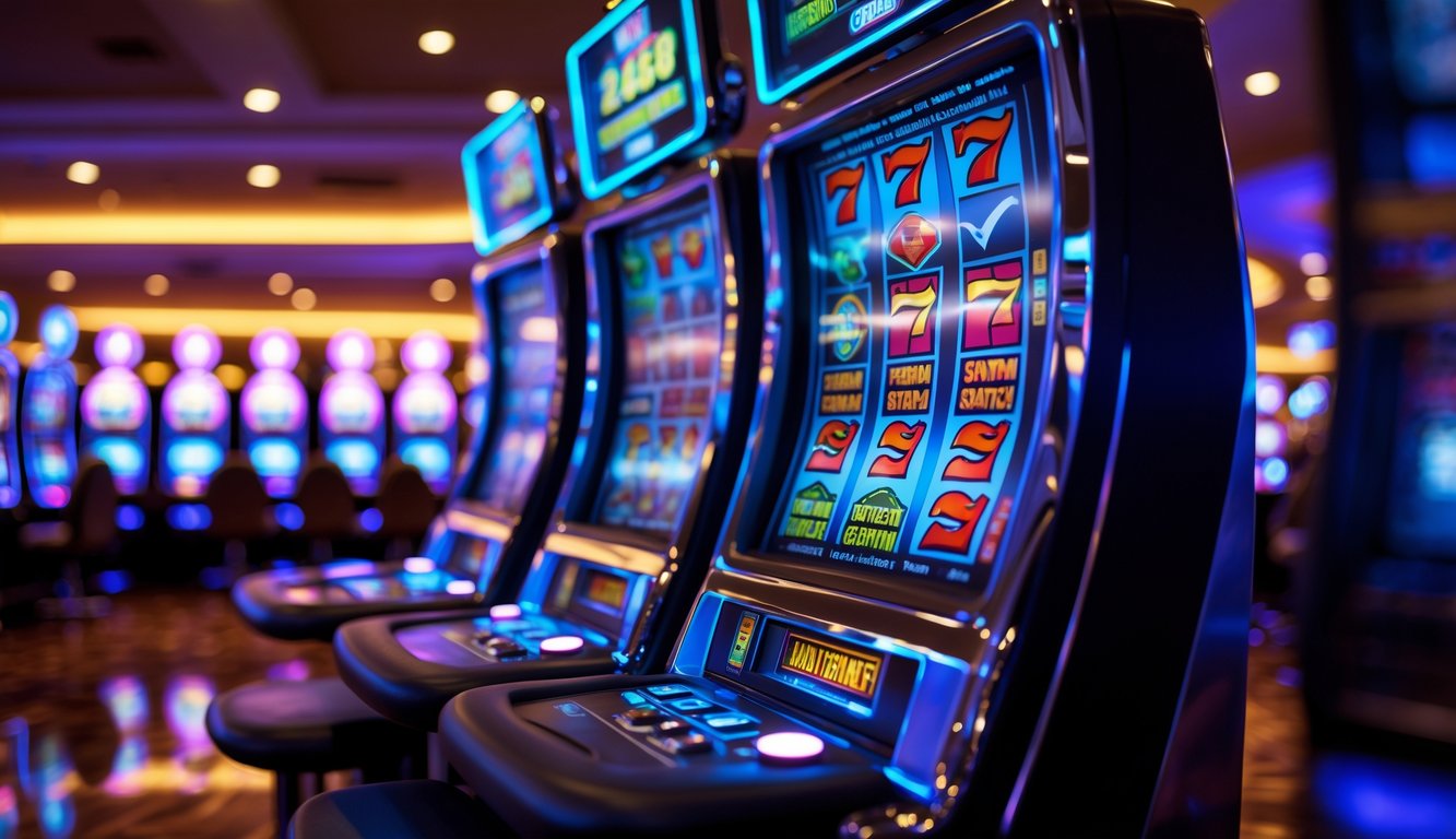 Mesin slot modern dengan lampu warna-warni dan layar digital yang menunjukkan performa mesin optimal di dalam kasino.