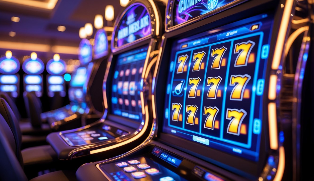 Mesin slot modern dengan layar digital yang menampilkan simbol animasi dalam suasana kasino yang remang-remang.