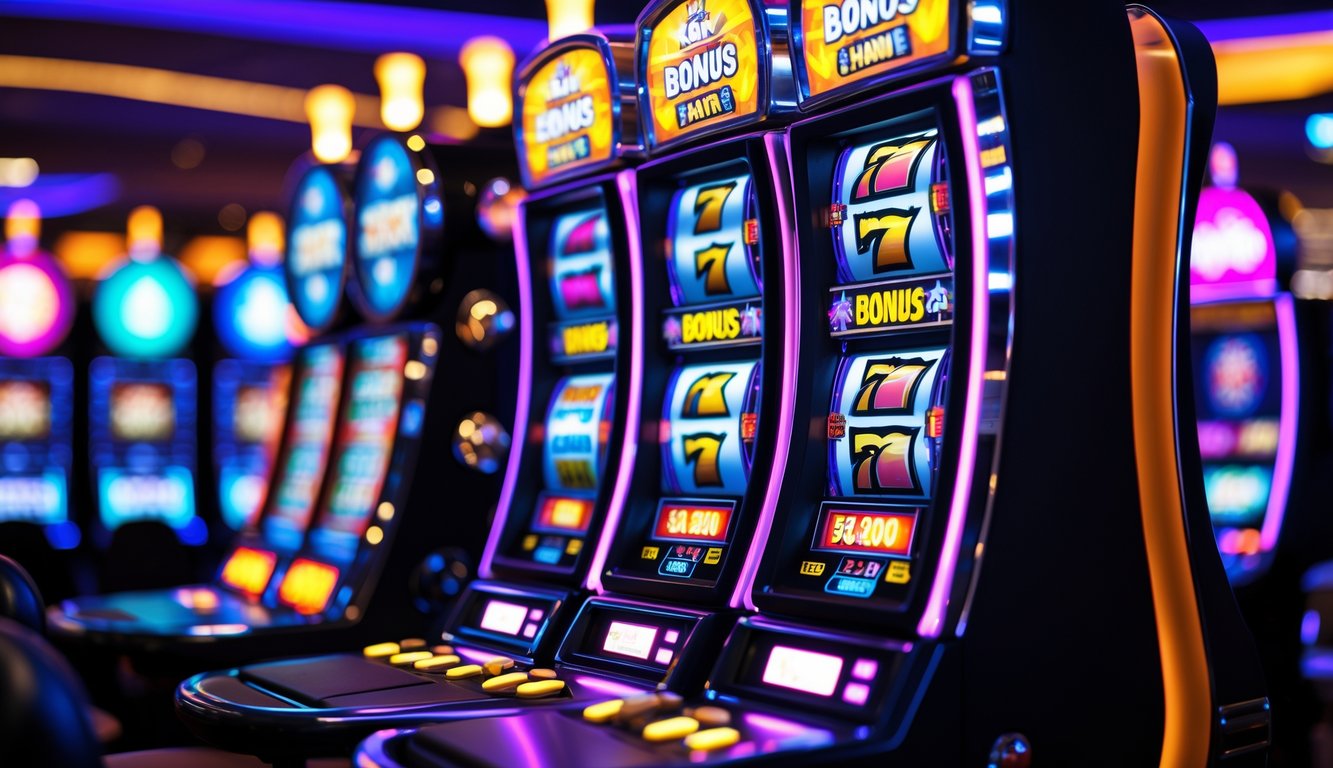 Mesin slot modern dengan lampu warna-warni dan fitur bonus aktif di dalam kasino.