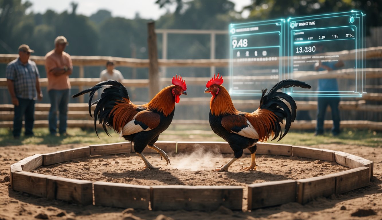 Dua ayam jago bertarung di arena tradisional dengan penonton di sekitarnya dan tampilan digital real-time di latar belakang.