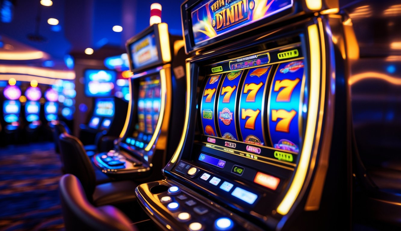 Mesin slot modern dengan gulungan berwarna-warni yang sedang berputar cepat di dalam kasino yang terang dan mewah.