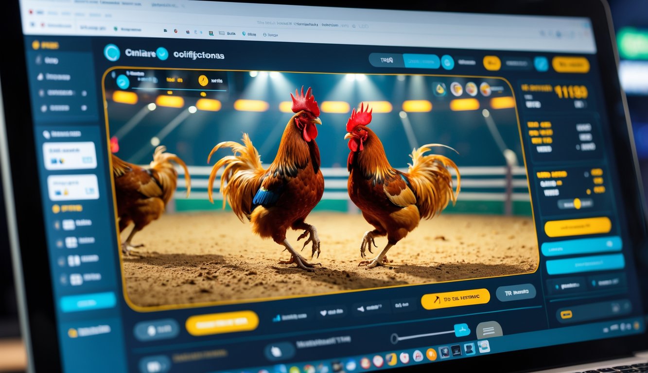 Tampilan layar perangkat dengan siaran langsung sabung ayam online yang jelas dan dinamis, menampilkan dua ayam jago sedang bertarung.