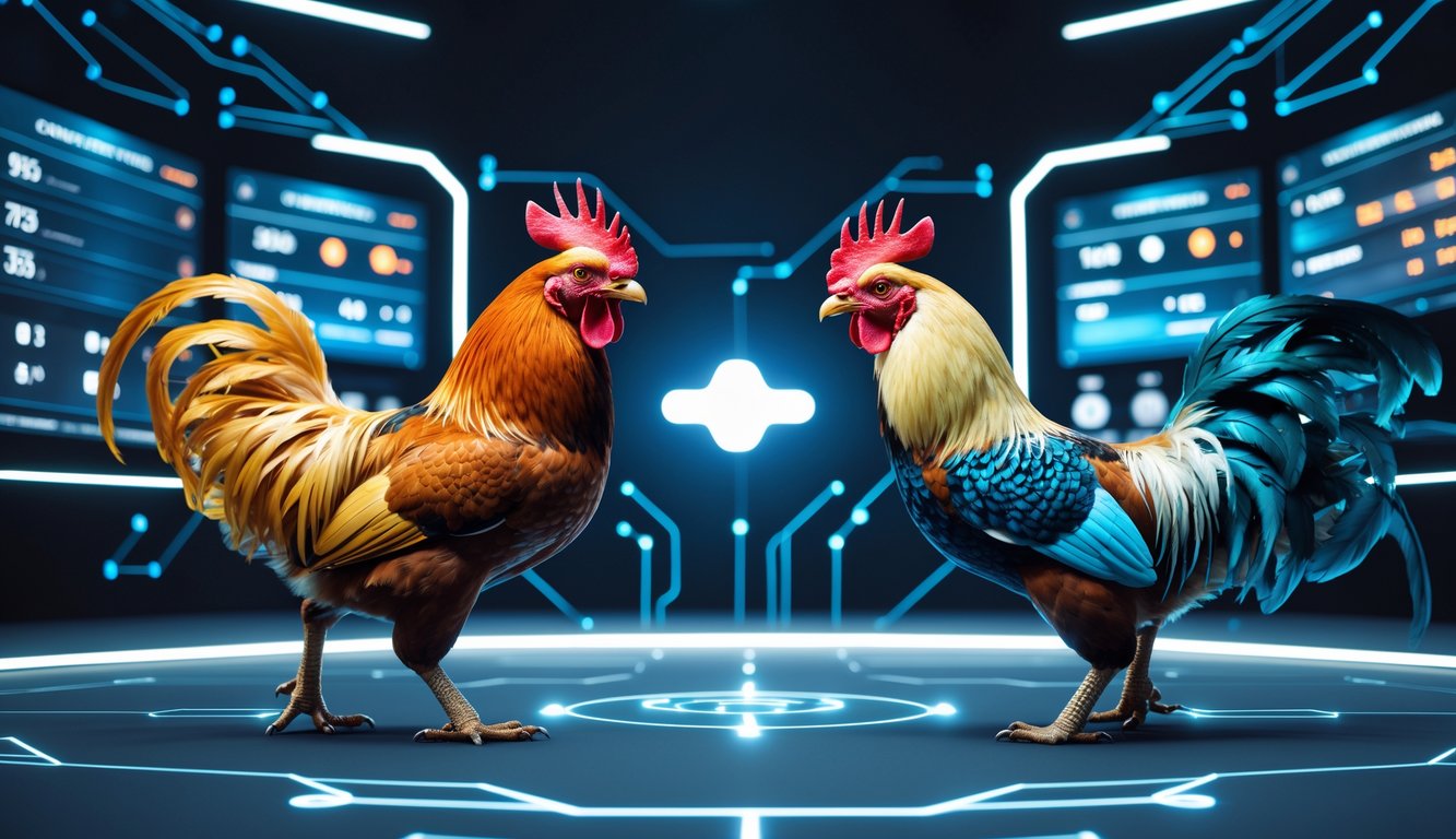 Dua ayam jago sedang berhadapan dalam arena digital dengan latar belakang layar yang menampilkan data pertandingan secara real-time.