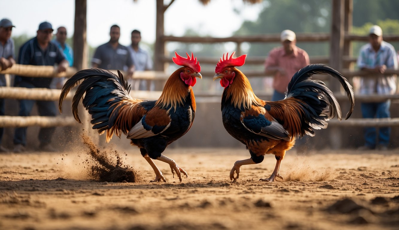 Dua ayam jago sedang bertarung di arena terbuka dengan beberapa penonton mengamati pertandingan.