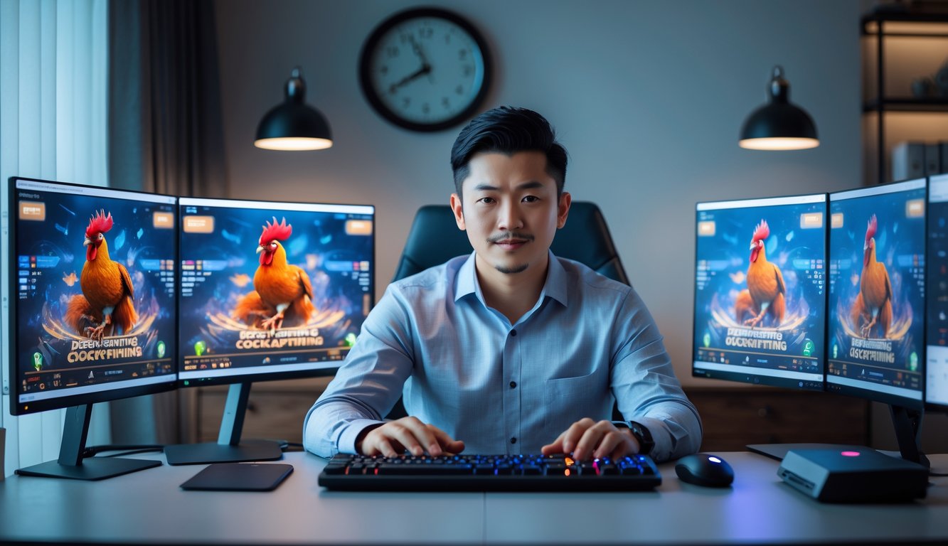 Seorang pria fokus menggunakan komputer dengan beberapa layar yang menampilkan animasi sabung ayam secara online di ruang kerja modern.