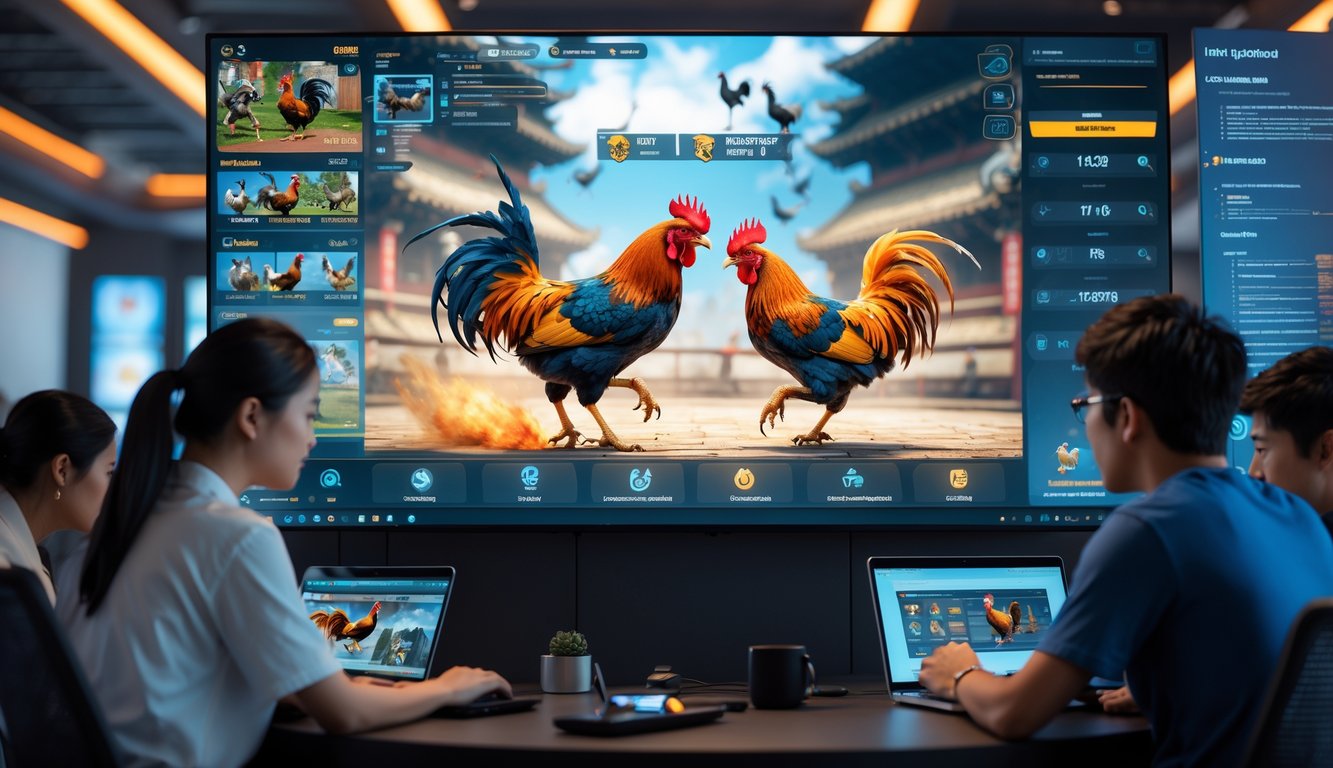 Orang-orang sedang fokus menggunakan perangkat digital untuk menonton dan berpartisipasi dalam pertandingan sabung ayam online dengan berbagai mode pertandingan.