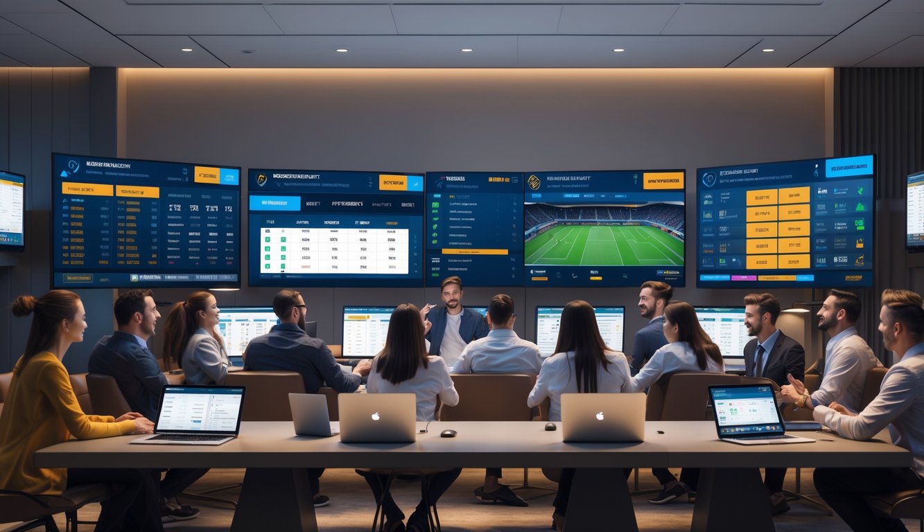 Sekelompok penggemar olahraga yang sedang melihat layar besar menampilkan data taruhan olahraga dalam ruangan modern.