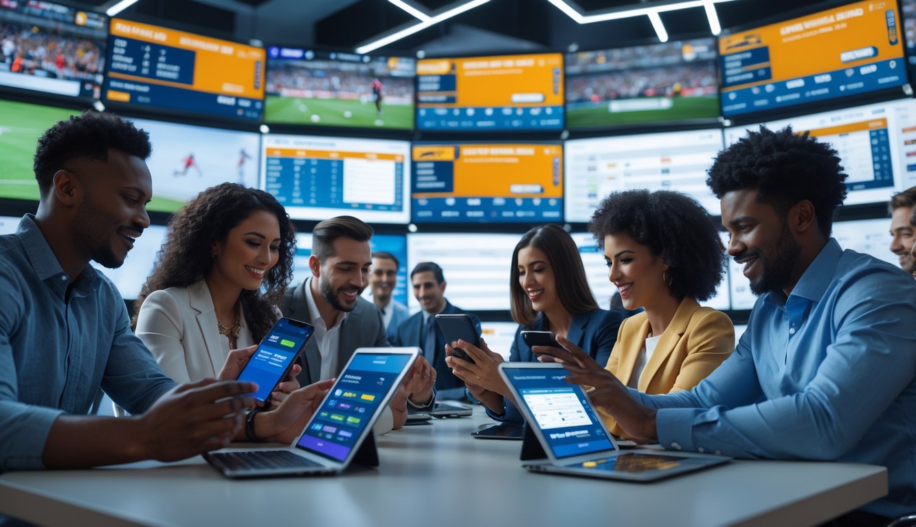 Orang-orang menggunakan perangkat elektronik untuk mengakses beberapa pertandingan olahraga secara bersamaan dalam ruangan modern.