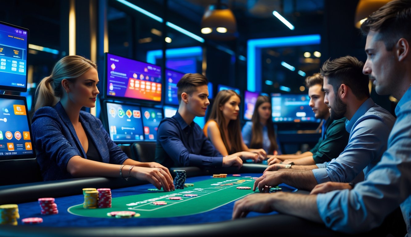 Sejumlah pemain fokus bermain poker online di meja digital dengan kartu dan chip yang terlihat jelas di layar komputer.