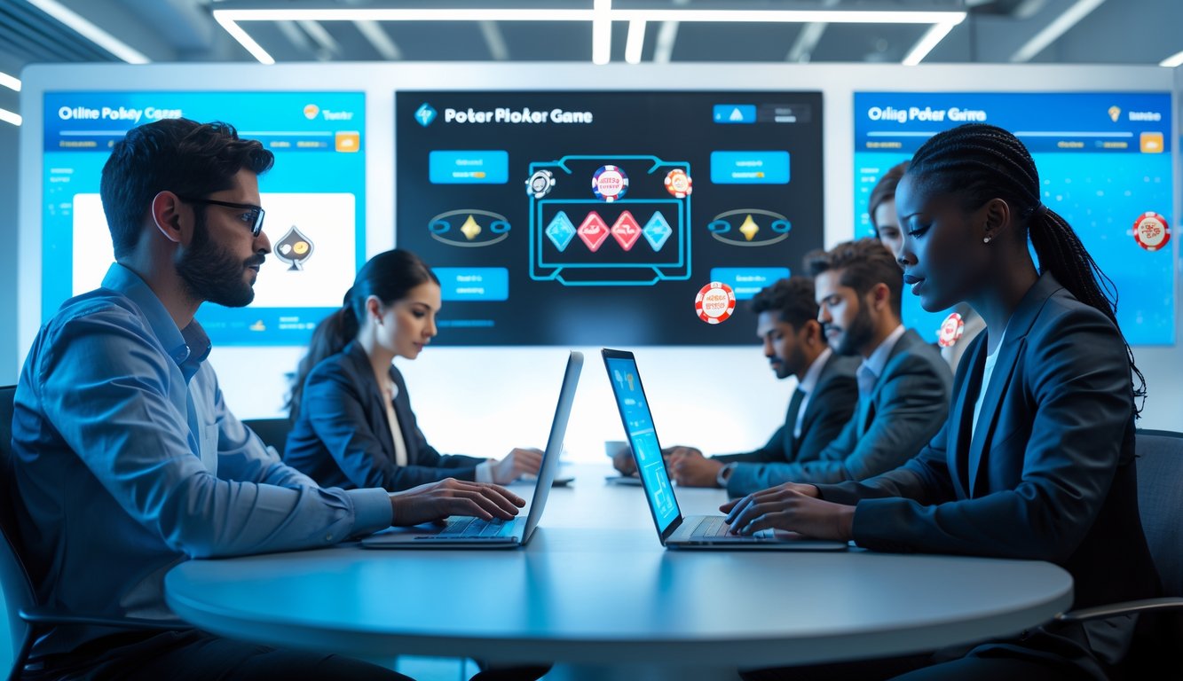Sekelompok orang bermain poker online menggunakan laptop dan tablet di ruangan modern dengan layar digital besar menampilkan kartu dan chip poker.