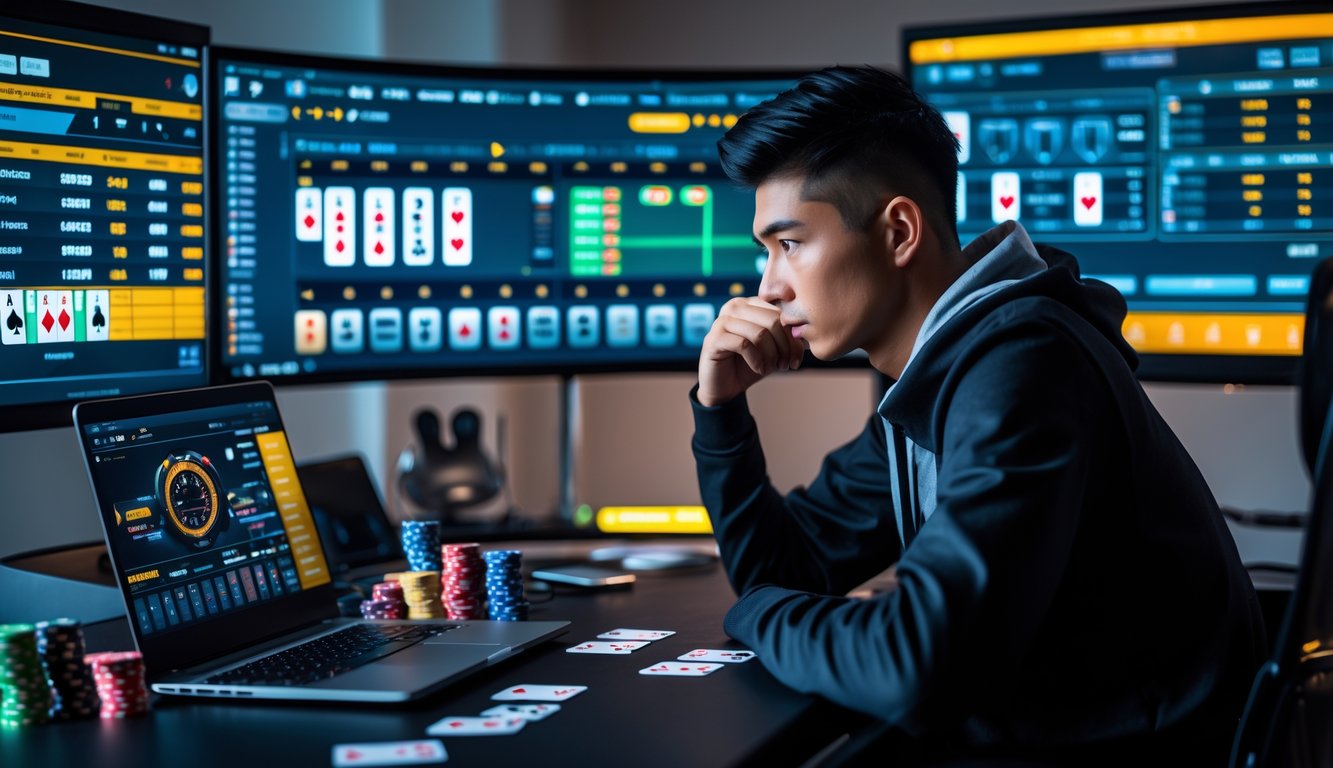 Seorang pemain poker berpengalaman sedang fokus bermain poker online di depan beberapa layar komputer dengan chip dan kartu poker di meja.