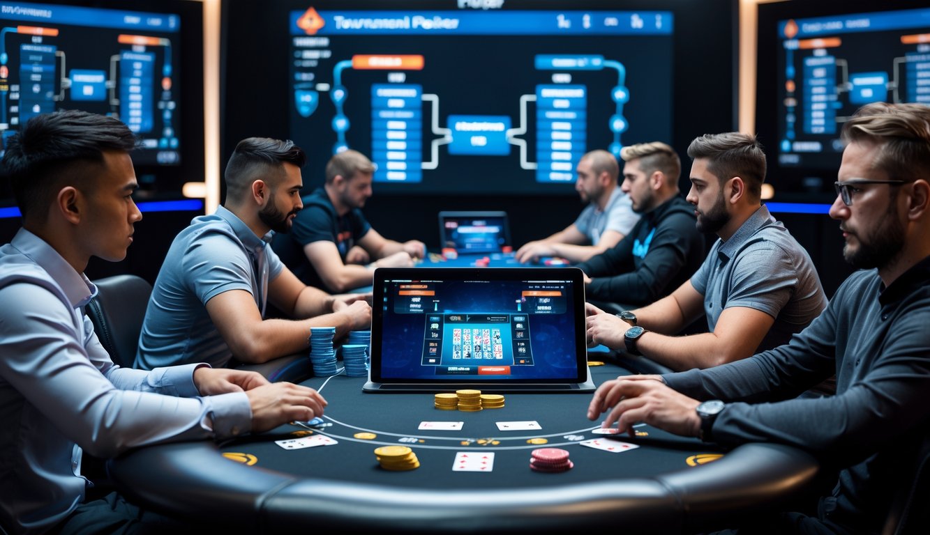 Sekelompok pemain poker fokus bermain di meja dengan perangkat digital dan layar besar menampilkan turnamen.