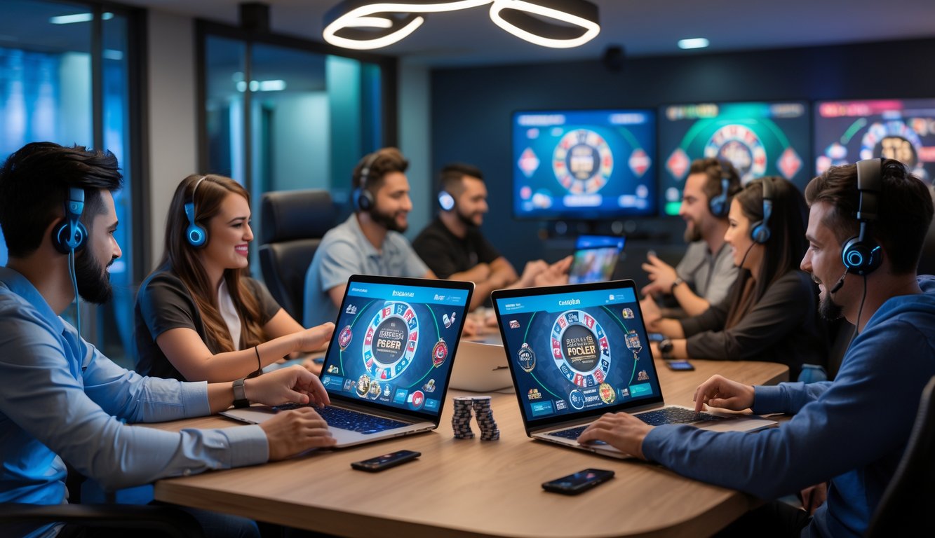 Sekelompok orang bermain poker online secara real-time menggunakan laptop dan tablet di ruangan modern.