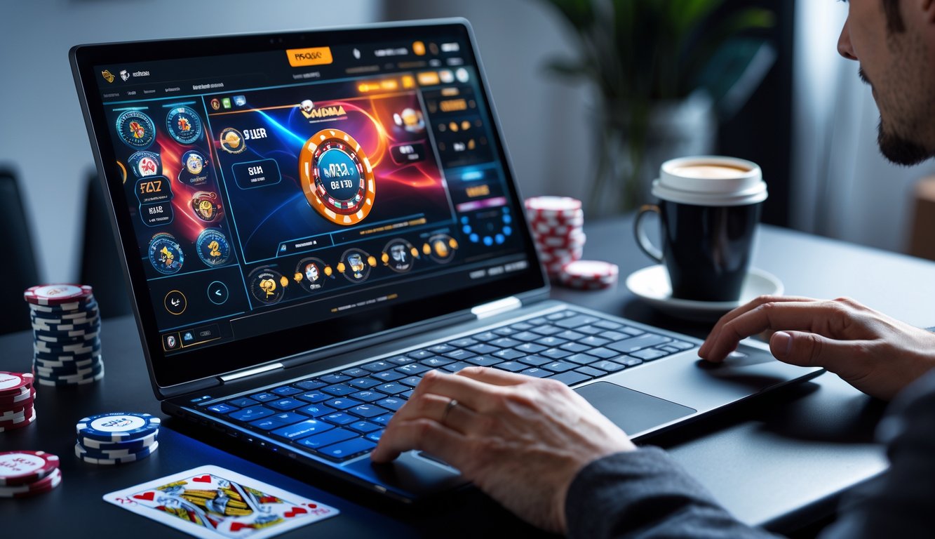 Seorang pemain poker online sedang bermain di depan komputer dengan chip poker dan kartu di meja.
