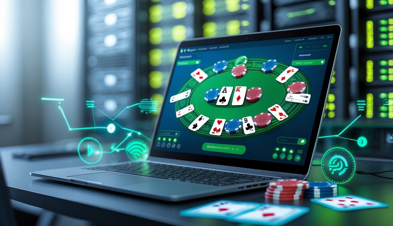 Sebuah komputer menampilkan permainan poker online dengan latar belakang server yang stabil dan koneksi jaringan yang lancar.