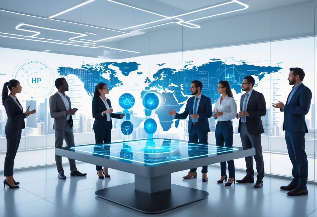 Des professionnels collaborent autour d'une table numérique affichant des visualisations de données liées à l'intelligence artificielle dans un bureau moderne et lumineux.