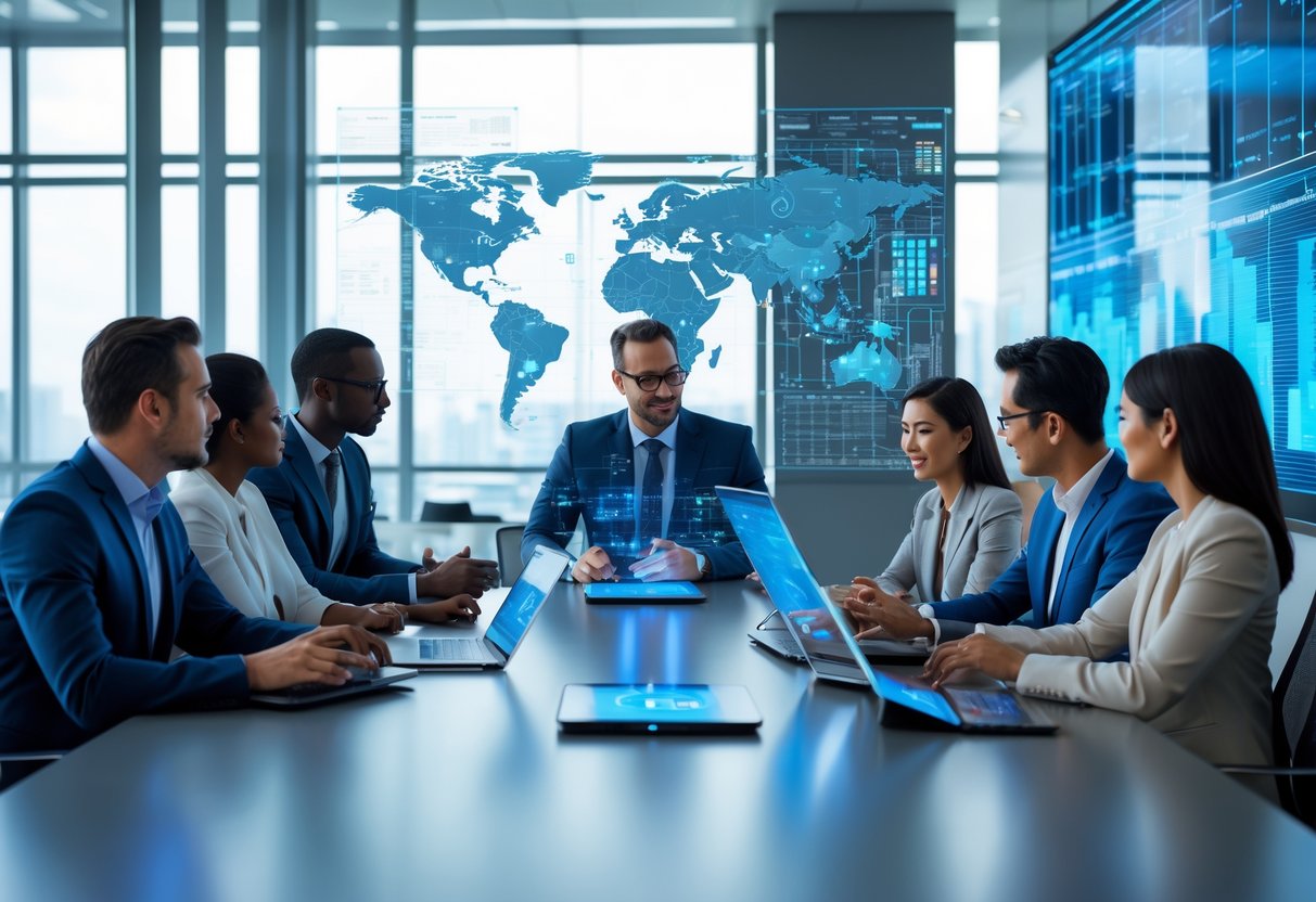 Des professionnels du secteur public en réunion autour d'une table, analysant des données numériques sur des écrans holographiques dans un bureau moderne et lumineux.