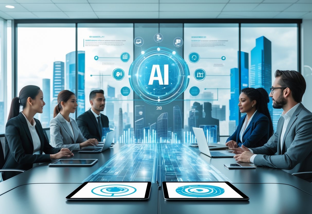 Des professionnels en réunion dans un bureau moderne discutant autour d'une table avec des appareils numériques affichant des données liées à l'intelligence artificielle.