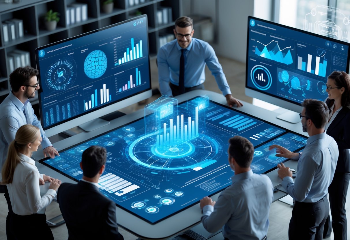 Des professionnels collaborant autour d'une table numérique affichant des données et graphiques liés aux outils d'intelligence artificielle pour les marchés publics.