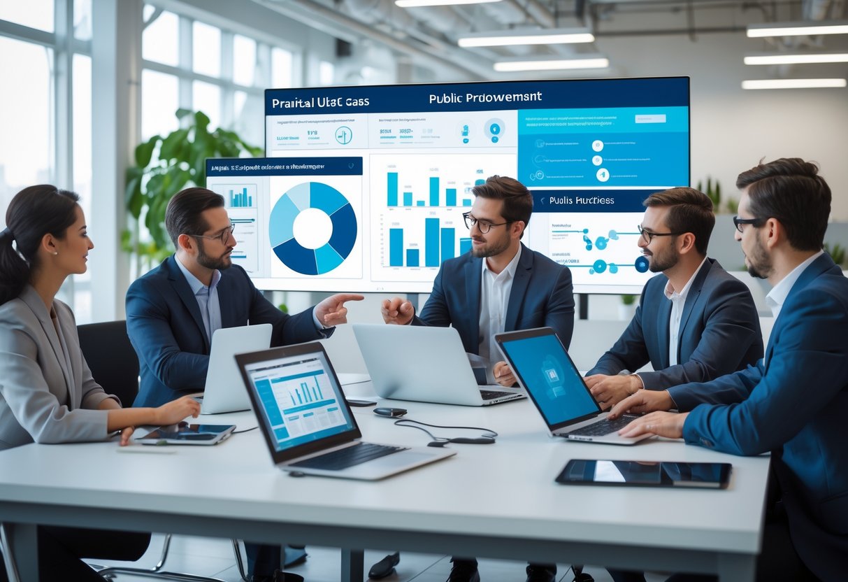 Un groupe de professionnels collaborant autour d'une table avec des appareils numériques et des graphiques, discutant des outils d'IA pour les marchés publics.