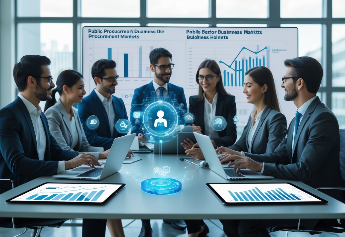 Un groupe de professionnels travaillant ensemble autour d'une table avec des ordinateurs et des icônes numériques représentant des outils d'intelligence artificielle dans un bureau moderne.