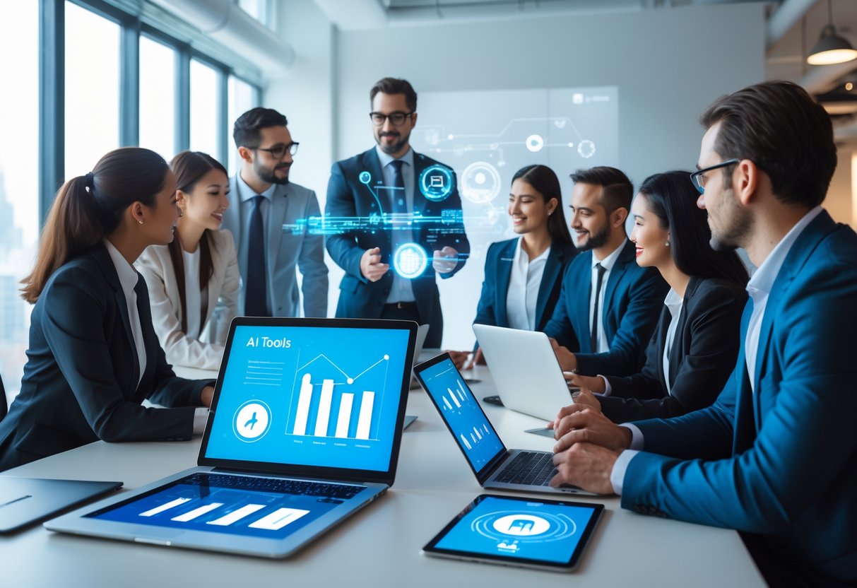 Des professionnels en réunion autour d'une table de conférence avec des appareils numériques affichant des données liées à l'intelligence artificielle.