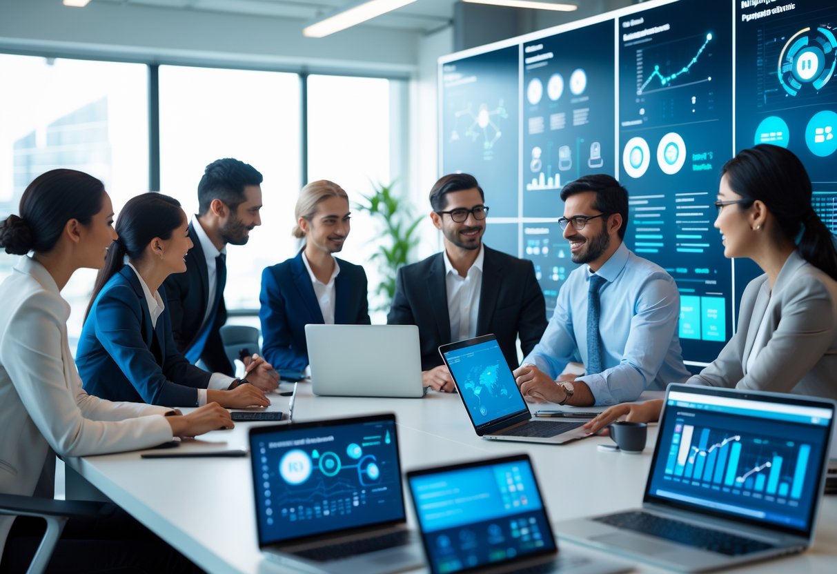 Un groupe de professionnels en réunion autour d'une table avec des ordinateurs et des écrans affichant des données et des graphiques liés à l'intelligence artificielle.