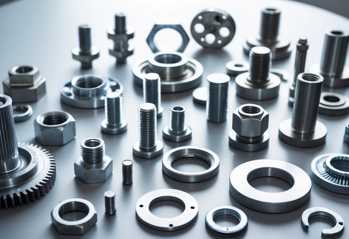 Various metallic industrial hardware components including nuts, bolts, screws, washers, and gears arranged on a light-gray surface.