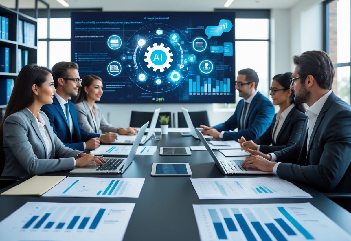 Des professionnels en réunion dans un bureau moderne, discutant autour d'une table avec des ordinateurs et des documents, avec un écran affichant des données liées à l'intelligence artificielle et à la commande publique.