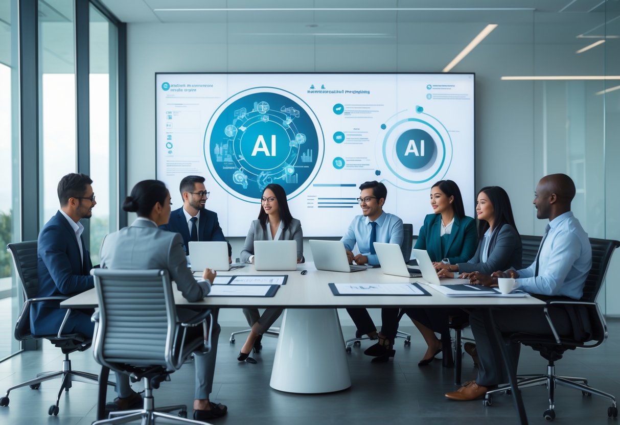 Des professionnels divers en réunion dans un bureau moderne, discutant autour d'une table avec des ordinateurs et des documents, avec un écran numérique affichant des graphiques liés à l'intelligence artificielle.