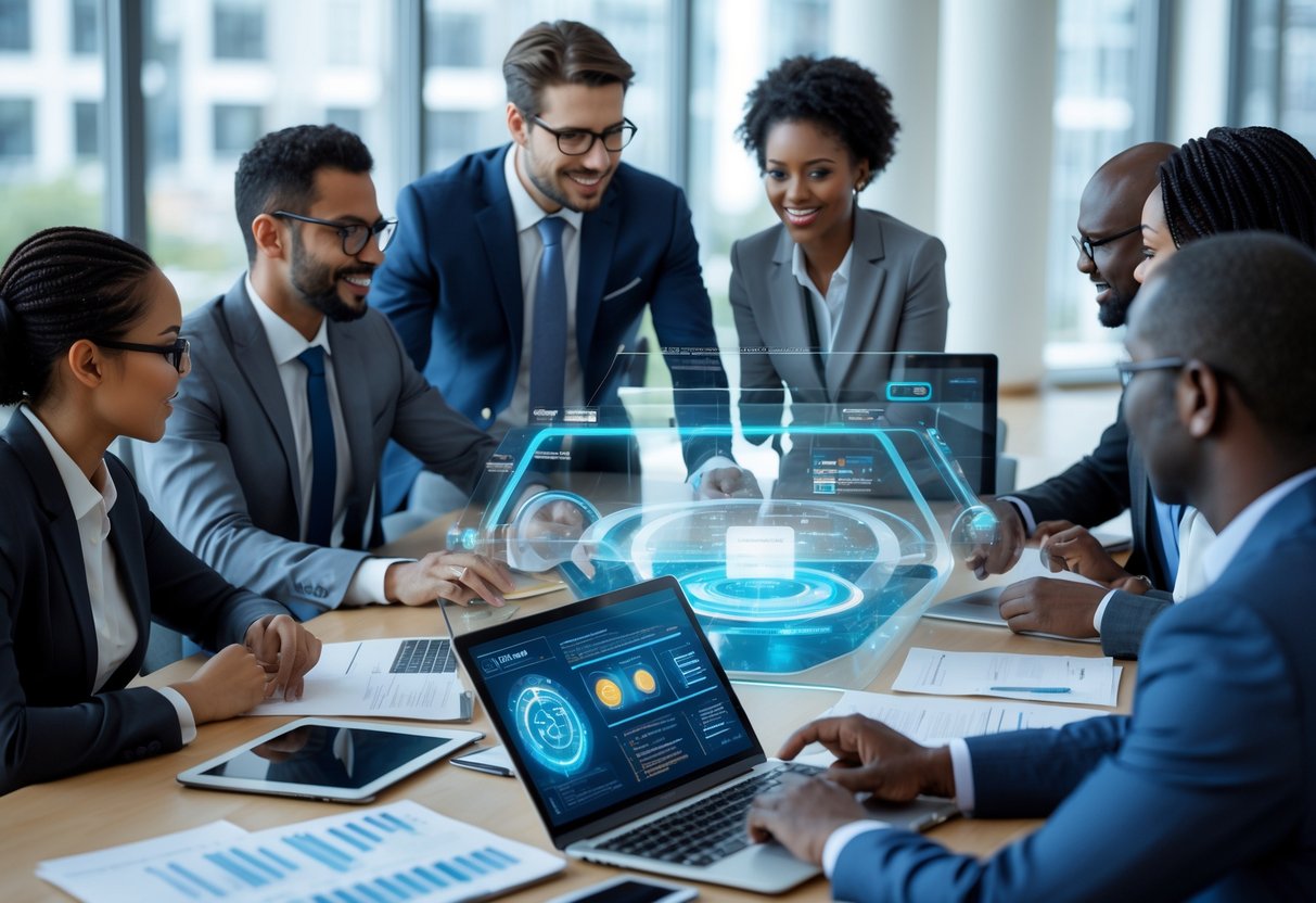 Un groupe de professionnels en réunion dans un bureau moderne, discutant autour d'une table avec des ordinateurs et des documents, illustrant l'utilisation de l'intelligence artificielle dans la commande publique.