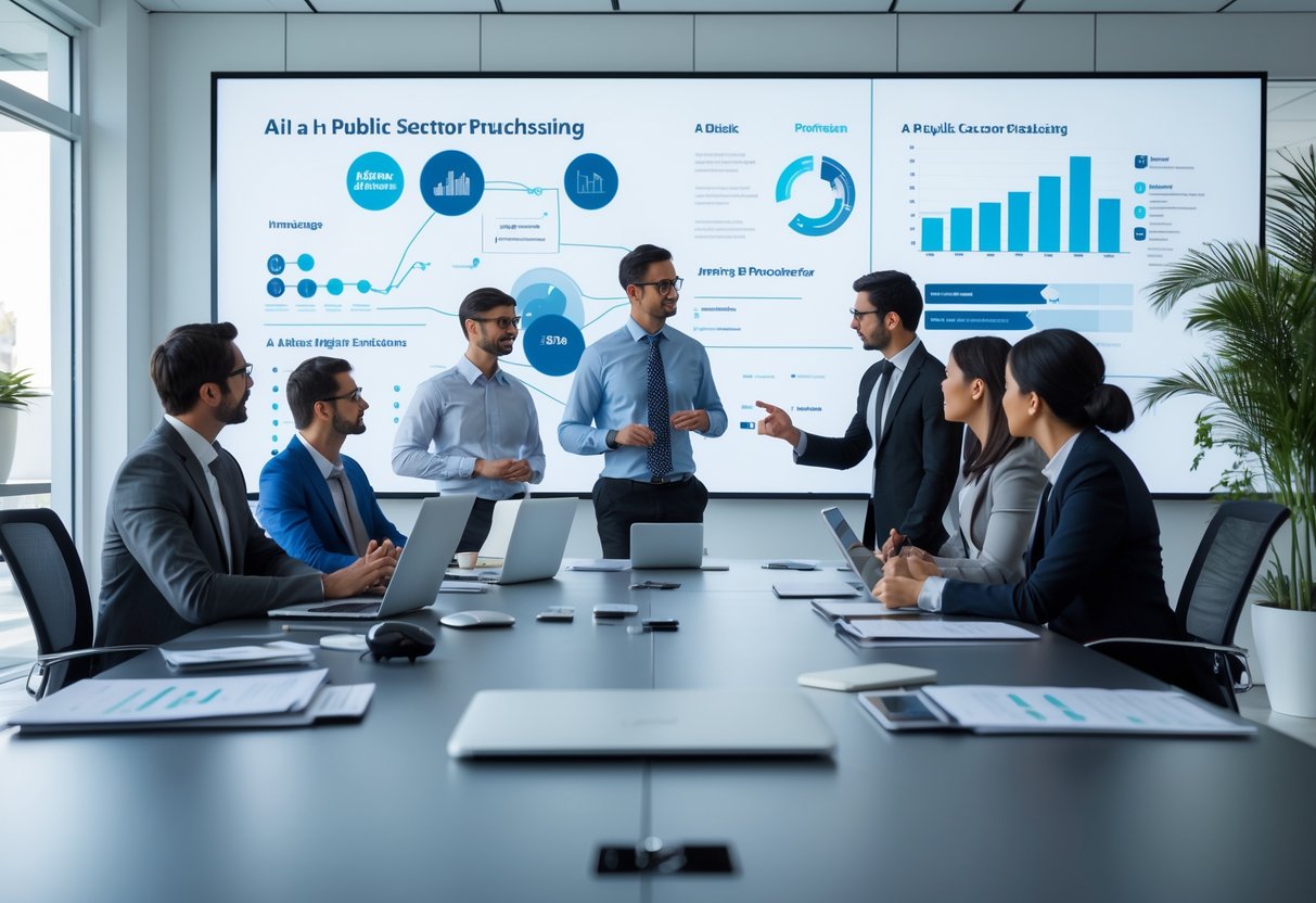 Un groupe de professionnels en réunion dans un bureau moderne, discutant autour d'une table avec des ordinateurs portables et un écran affichant des graphiques liés à l'IA et à la commande publique.