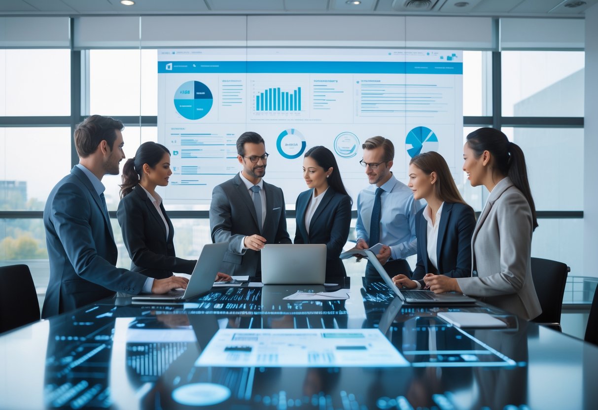 Un groupe de professionnels en réunion dans une salle de conférence moderne, discutant et utilisant des ordinateurs portables et des tablettes.