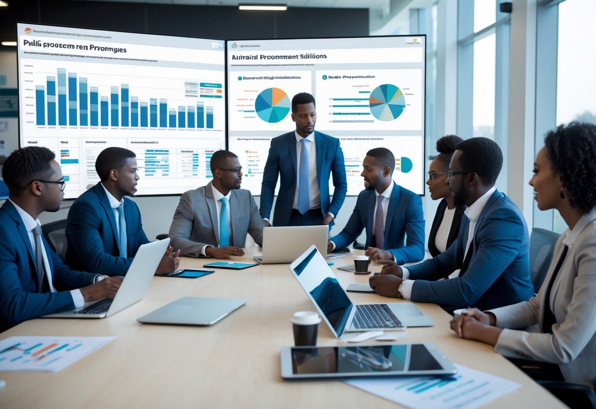 Un groupe de professionnels de la commande publique discutant autour d'une table avec des ordinateurs et un écran montrant des graphiques liés à un projet d'intelligence artificielle.