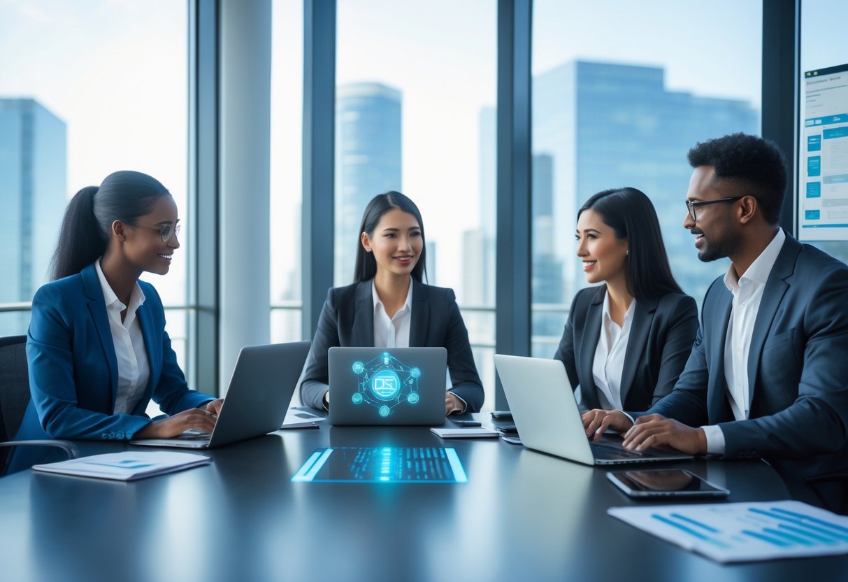 Des professionnels en réunion dans un bureau moderne discutant de l'utilisation de l'intelligence artificielle dans les achats publics.