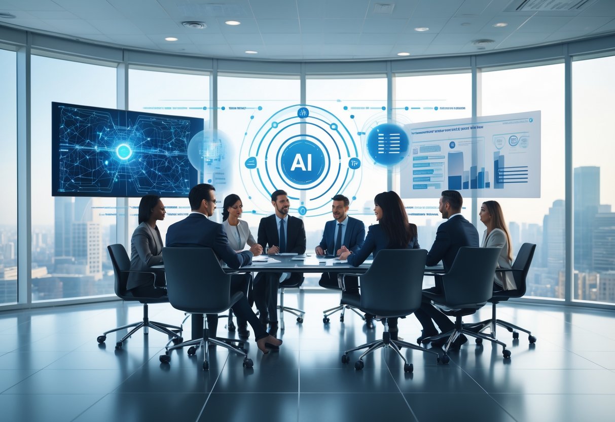 Des professionnels en réunion dans un bureau moderne avec des écrans affichant des graphiques liés à l'intelligence artificielle.