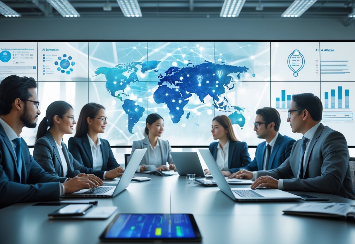 Des professionnels en réunion dans un bureau moderne, analysant des données sur des écrans et discutant de l’intelligence artificielle et des marchés publics.