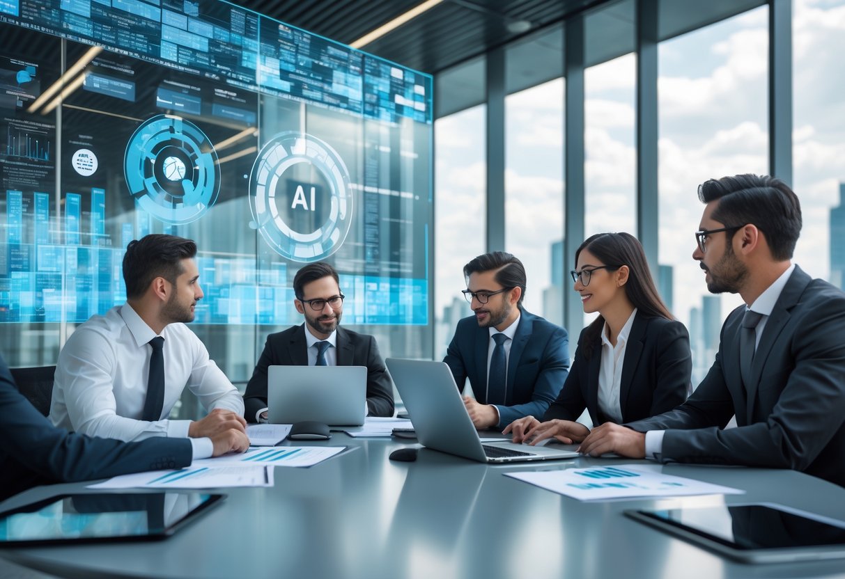 Des professionnels en réunion dans un bureau moderne, discutant autour d'une table avec des écrans numériques affichant des données liées à l'intelligence artificielle et aux marchés publics.