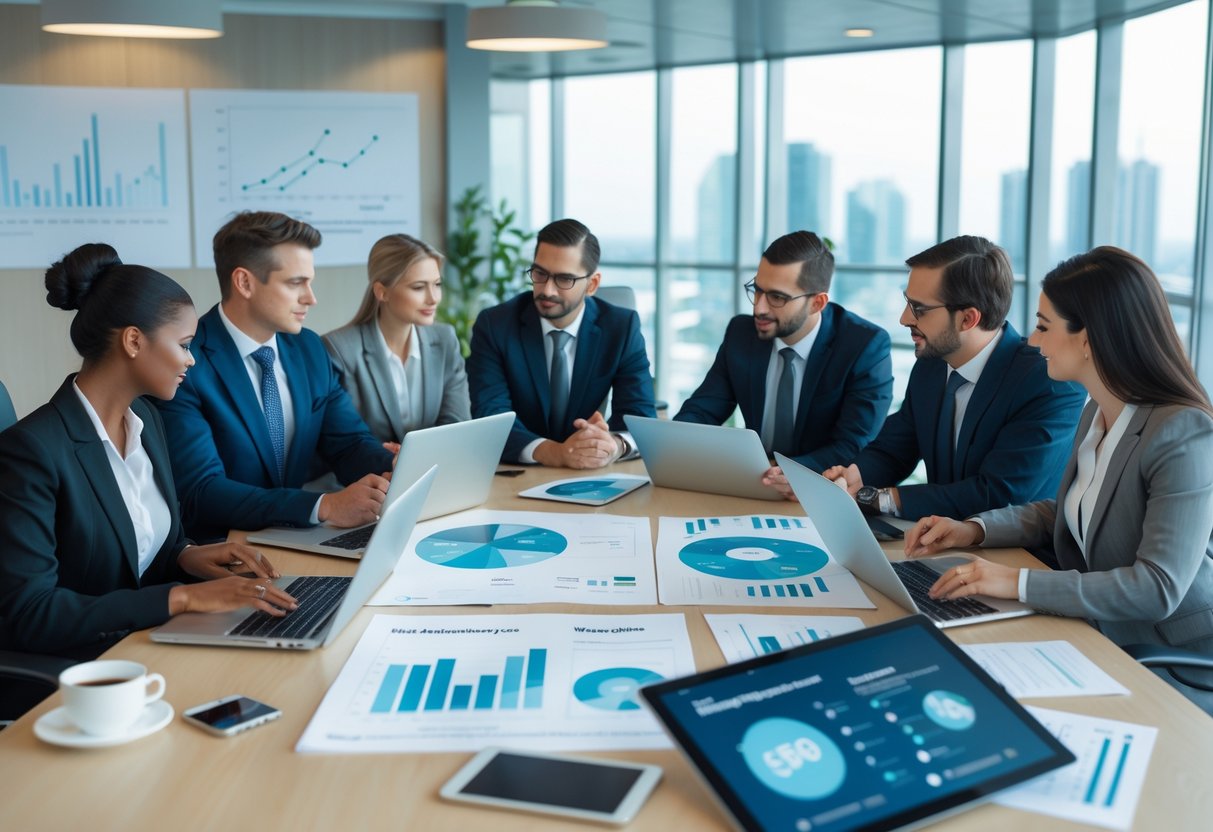 Des professionnels en réunion autour d'une table dans une salle de conférence lumineuse, travaillant sur des ordinateurs et des documents.
