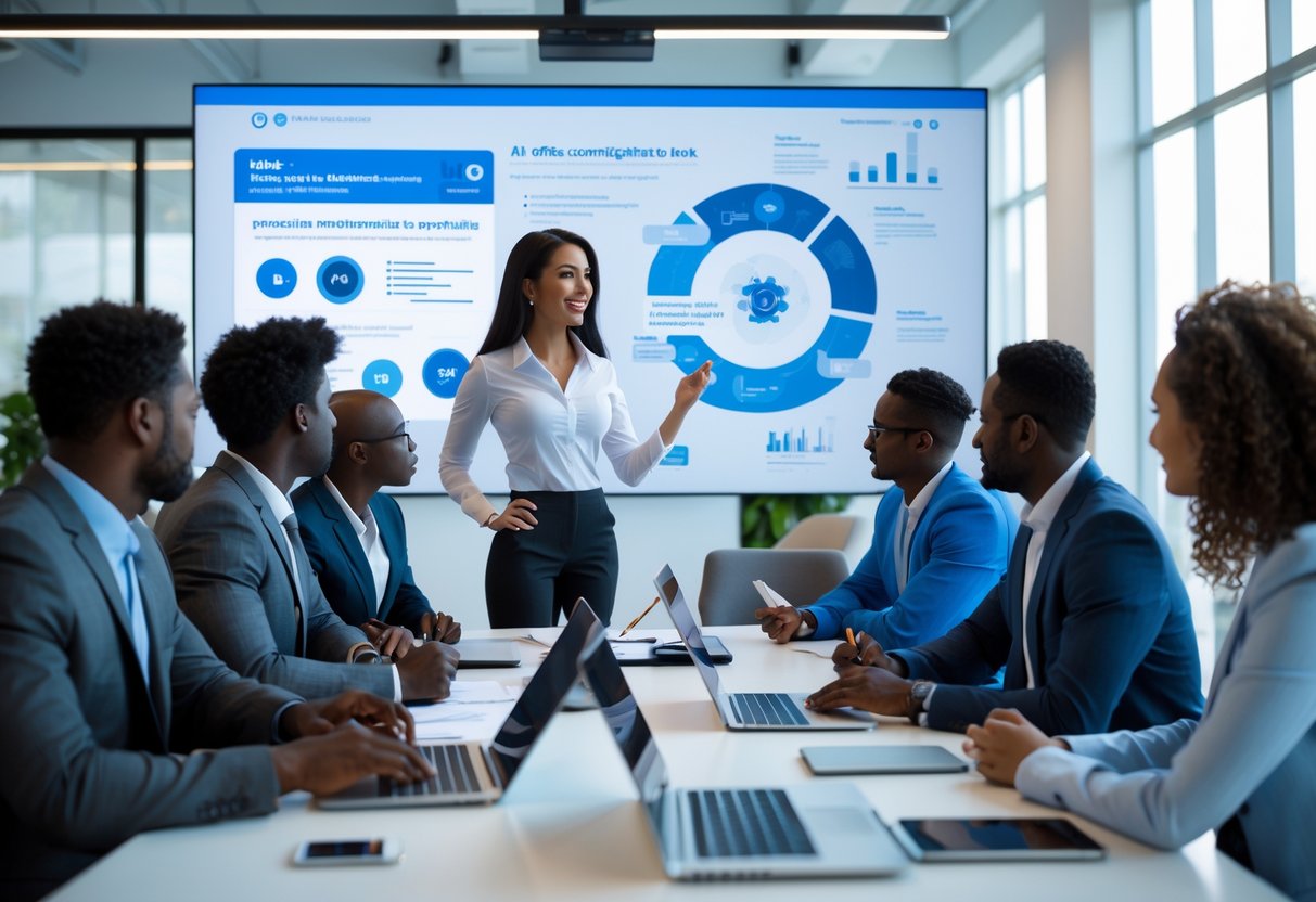 Un groupe de professionnels en réunion dans un bureau moderne, discutant autour d'une table avec un écran numérique affichant des données.